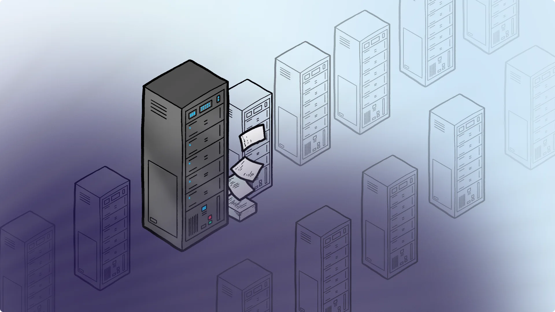 Isometric illustration of server infrastructure with documents being automatically generated and output as PDFs
