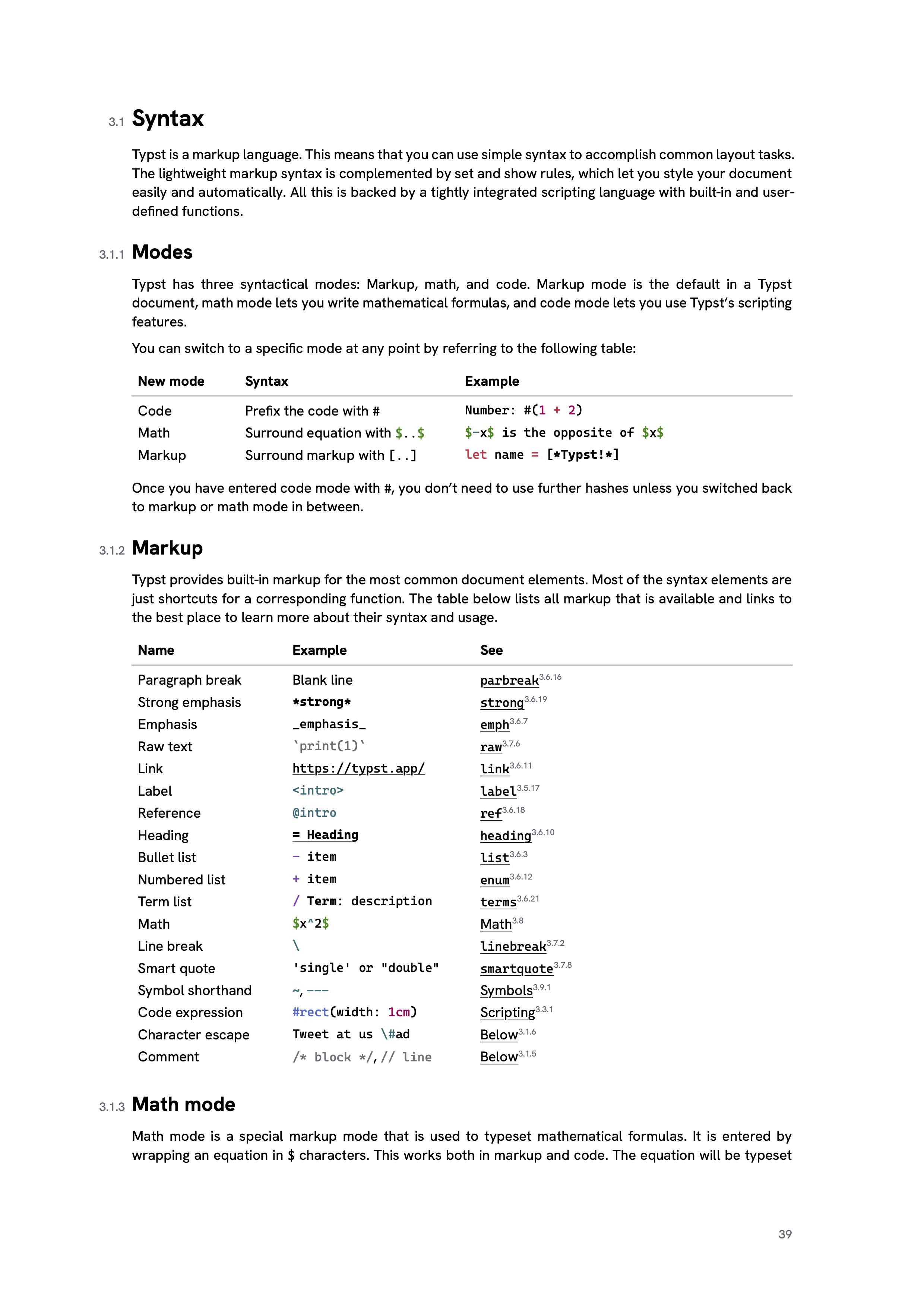 The first page of the 'Syntax' chapter of the print version of the Typst reference.