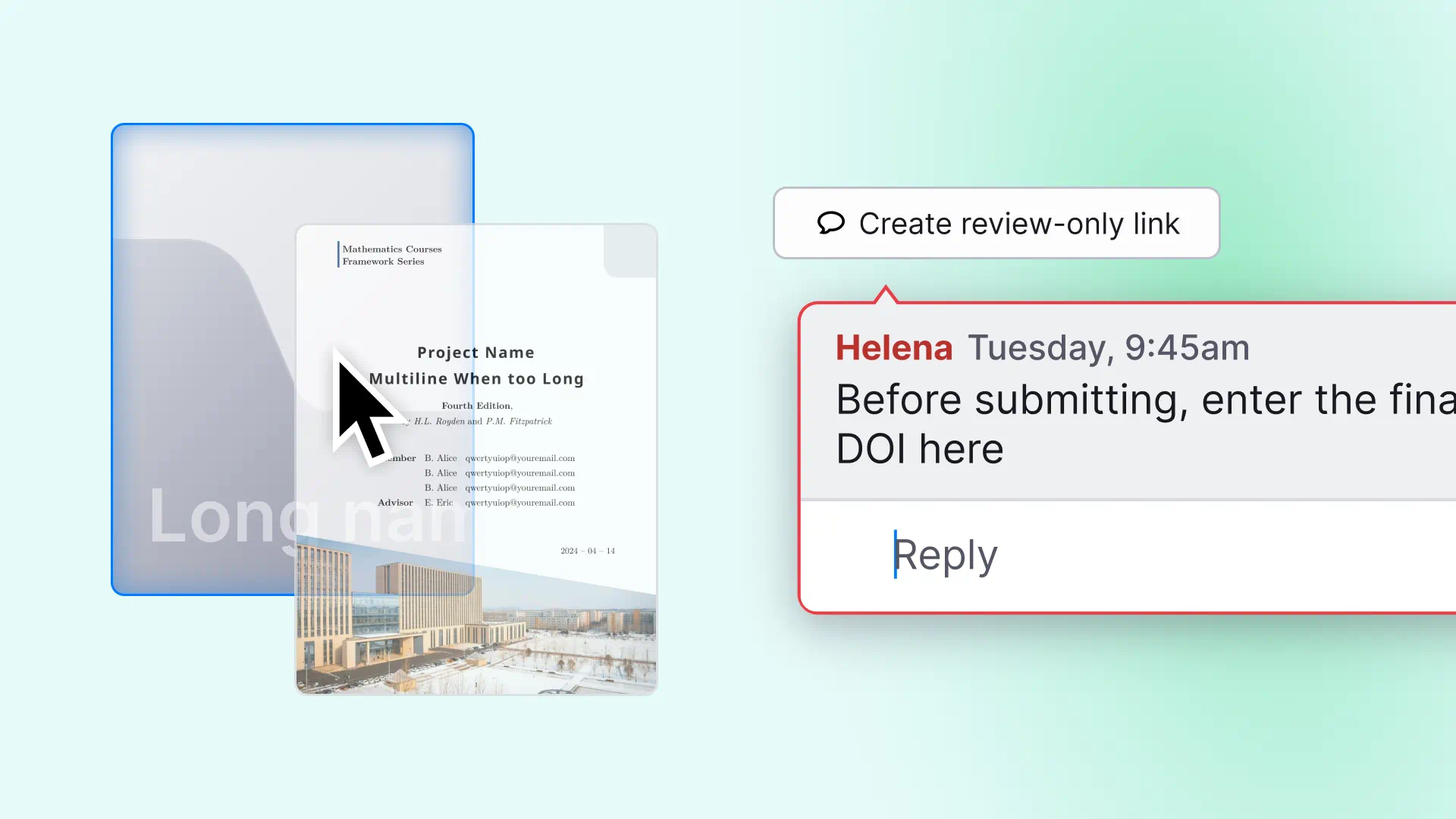 A project being dragged into a folder and a button labelled "Create review-only link" with a comment flyout