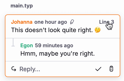 A comment box with the mouse cursor hovering over the text 'Line 3', ready to click
